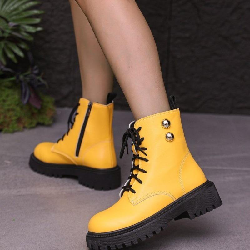 Woman's Ankle Boots Lace Up Patent Leather Platform Motorcycle Boots Woman Thick Heels Zipper Short Booties Square Heel Light