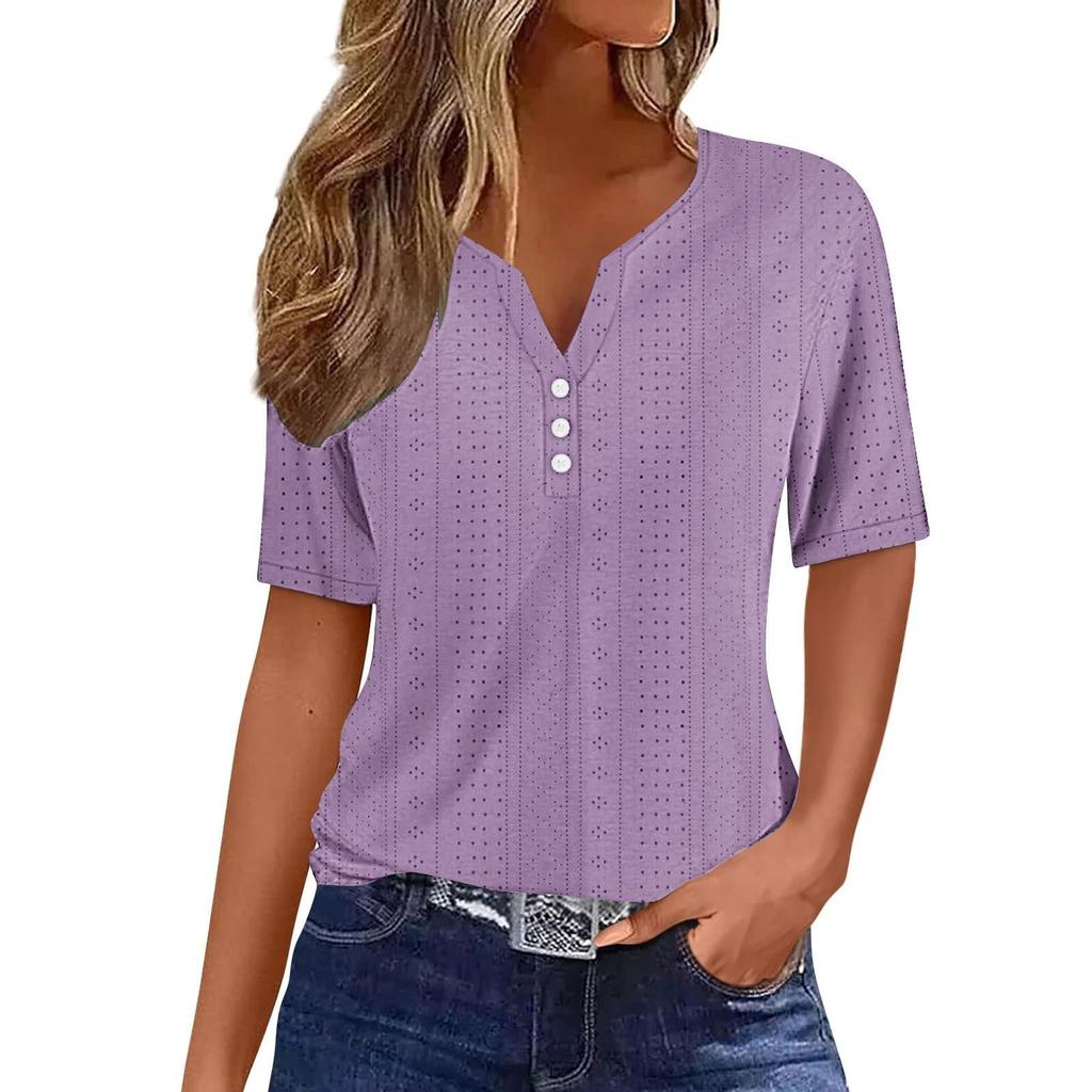 Women's T Shirt Tee Casual V-neck Short-sleeved T-shirt Solid Button Top