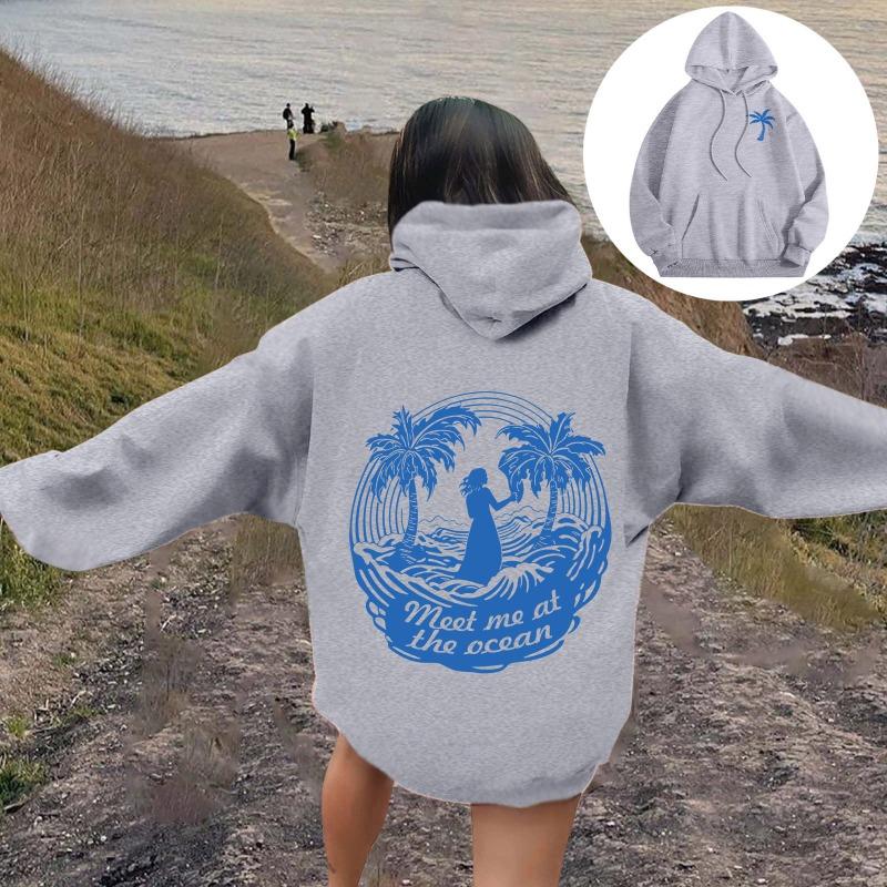 Женские толстовки с изображением пальмы Meet Me At The Ocean с принтом букв Толстовки-пуловеры с длинными рукавами Женская уличная толстовка с капюшоном