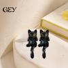 Minimalist Cat Accessories Cute Black Earrings for Women, Matte Zinc Alloy Kitten Studs with Jewelry Swaying Tail Design, Dynamic Animal Daily Wear &