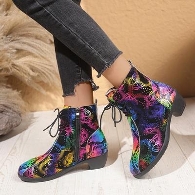 Autumn New Thick Heel Single Boot Fashion Round Head Front Lace-up Printed Women's Boots Classics Soft Sole Non-slip Ankle Boots