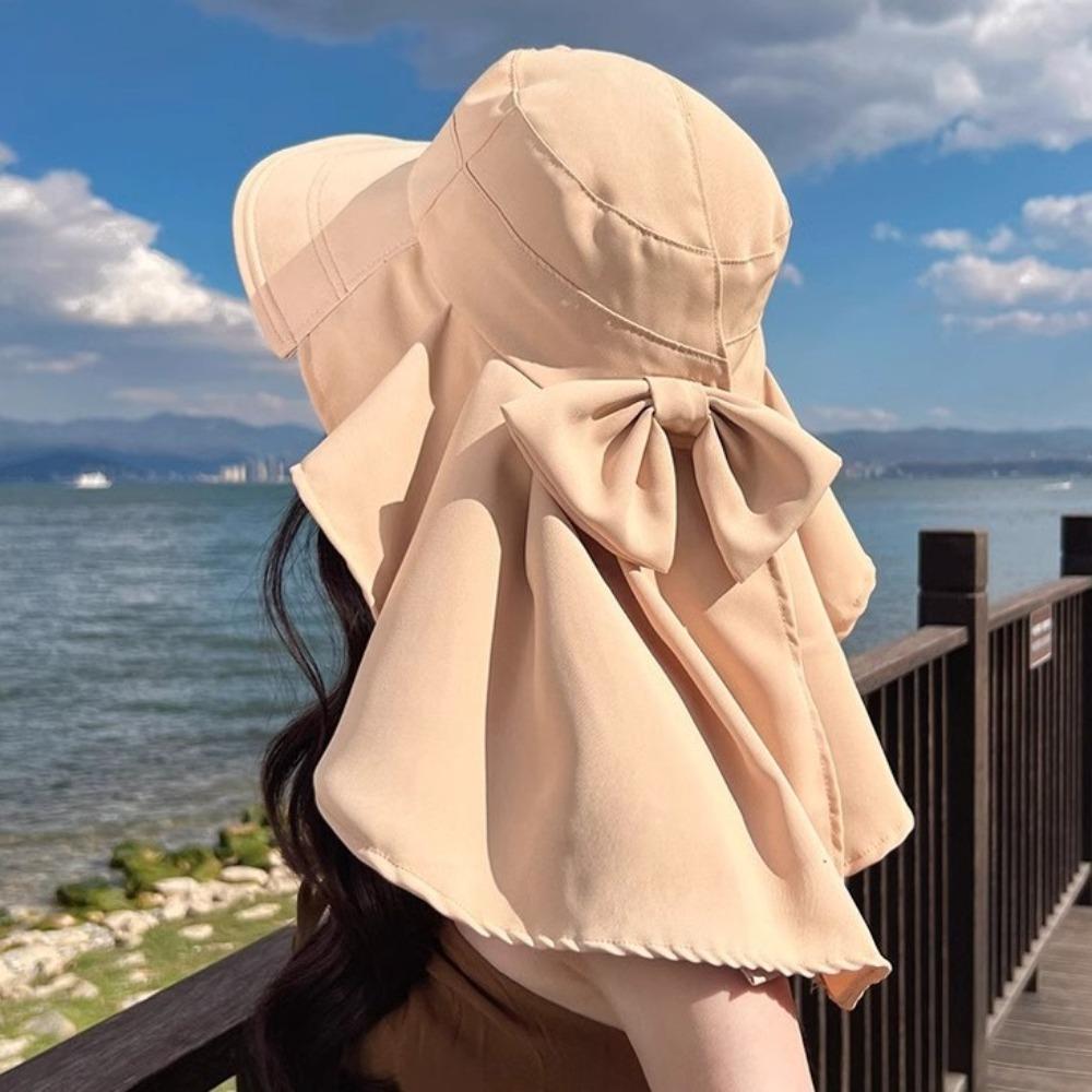 Big Bowknot Sunshade Bucket Hat with Shawl Aiti UV Fishman Hat New Design Bow Sun Hat Beach