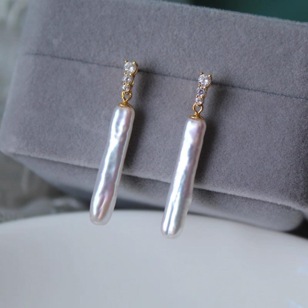 Long natural freshwater baroque pearl stud earrings thin silver bar earrings S925 silver needle zircon gold-plated earrings simple