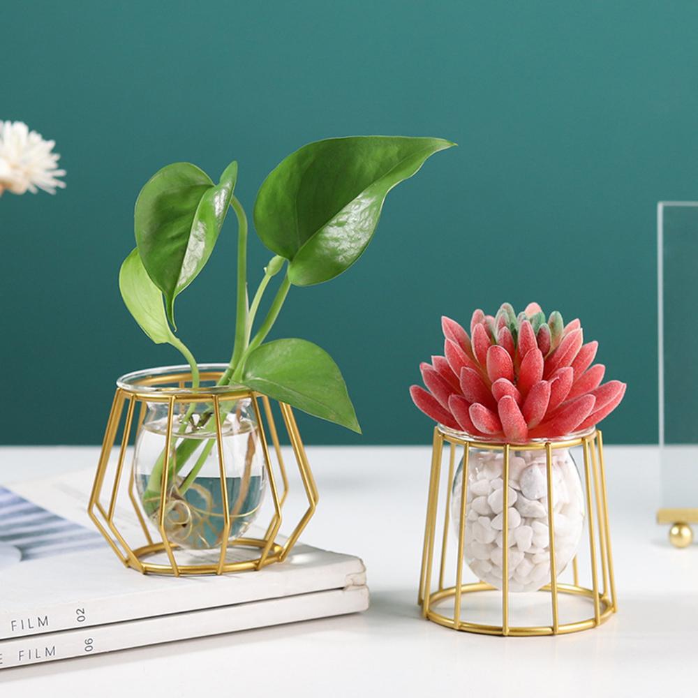 Frame Desktop Ornament Glass Planter Terrarium Metal Holder Hydroponic Vase Iron Geometric Pattern