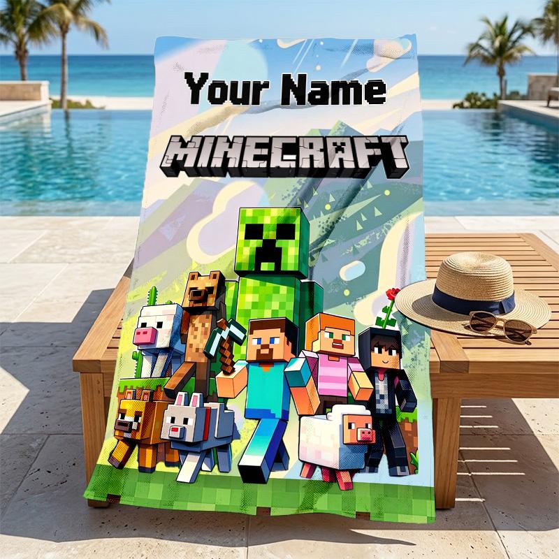 Custom Name Minecraft World Stylish Digital Printing Beach Towel Quick‑Drying Absorbent Blanket for Beach Pool Gym Travel