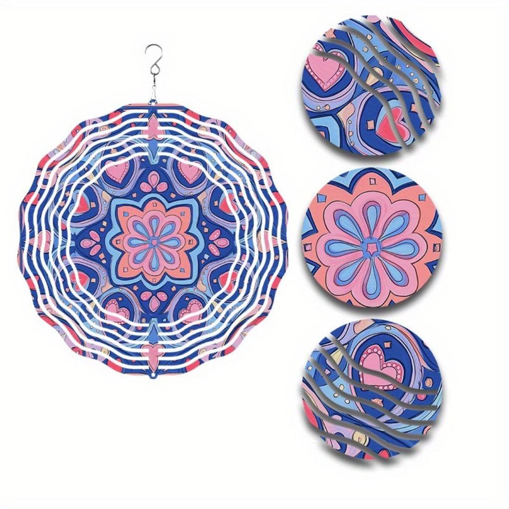 Blue & Pink Heart Mandala Wind Chime - Vibrant Metal Garden Decoration with 360° Hook, Ideal for Spring & Summer, Perfect Gift for Friends and Family