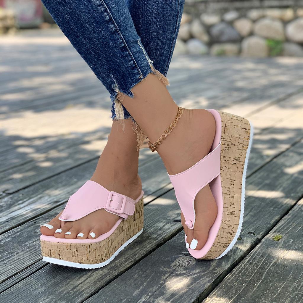 2025 new large size toe solid color platform slippers independent station slope heel women's buckle fish mouth flip-flops