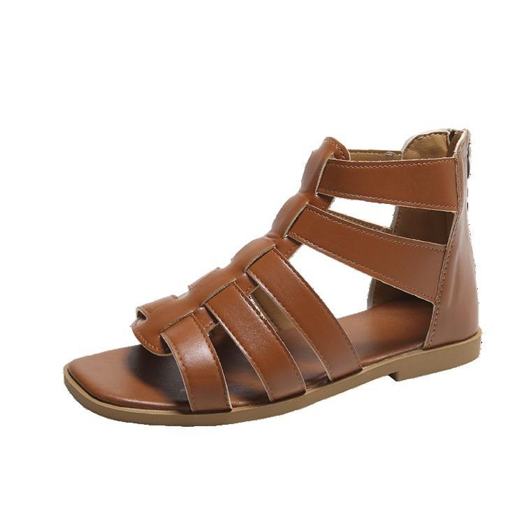 Импортные римские туфли женские новые полые сандалии с открытым носком молния сзади мягкая подошва мягкая поверхность плоские сандалии женские