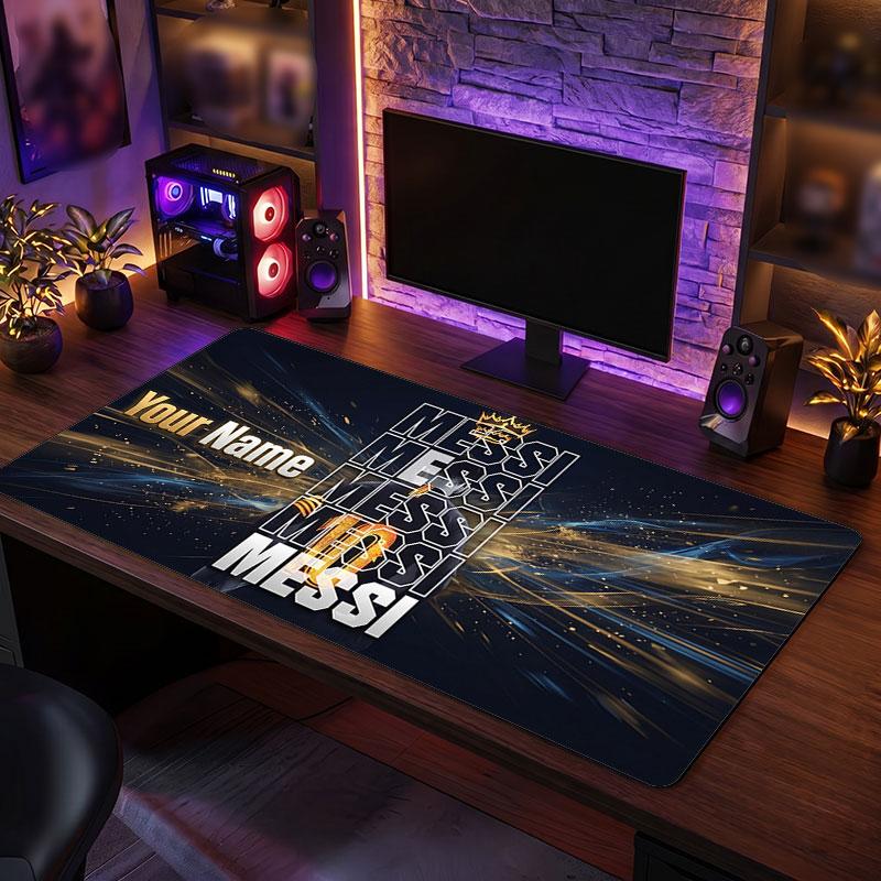 Lionel Messi Custom Large Mouse Pad, Personalized Name Text Print, Football Logo Non‑Slip Desk Mat Gaming Gift