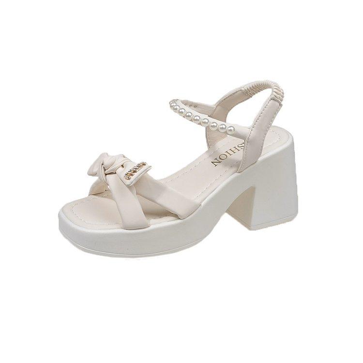 Французские туфли на высоком каблуке, толстый каблук, лето 2025, новые нежные туфли с бантом, жемчужные босоножки на платформе с одним словом и пряжкой, женские