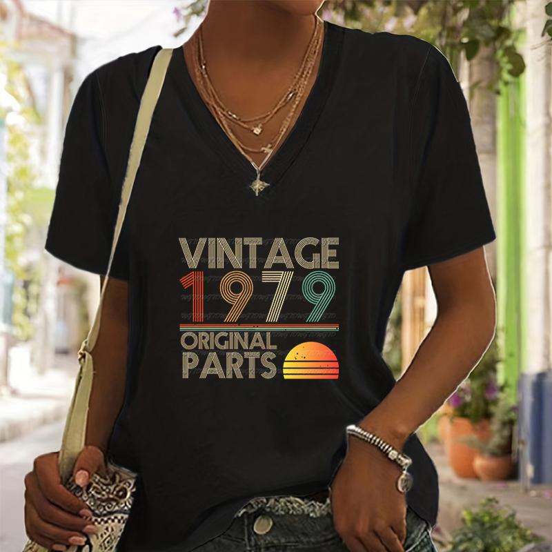 Vintage 1975 Tshirts Vneck Printing Vintage 1970 To 1979 Original Parts Sun Graphic Y2k Fashion Short Sleeves Birthday Tshirt