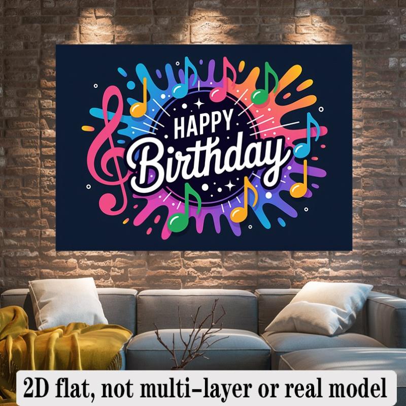 Happy Birthday Musical Notes Theme Colorful Design, 1pc Polyester Party Backdrop Banner, Photo Booth Background, Wall Decor