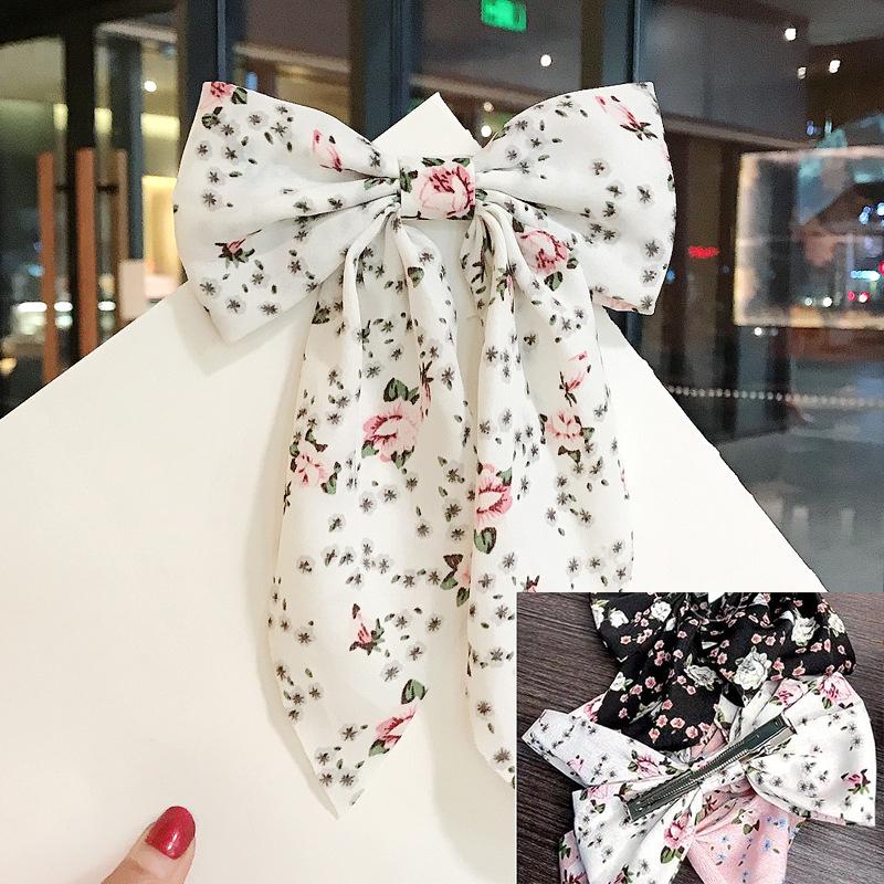 Women Solid Color Long Big Bow Long Float Satin Spring Clip Back Head Hair Clip Internet Red with The Same Temperament Elegant