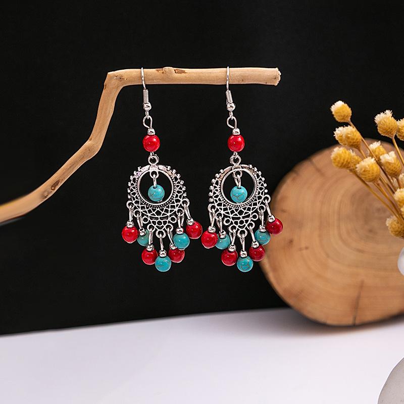 European and American Retro Hollow Turquoise Tassel Bohemian Earrings for Women