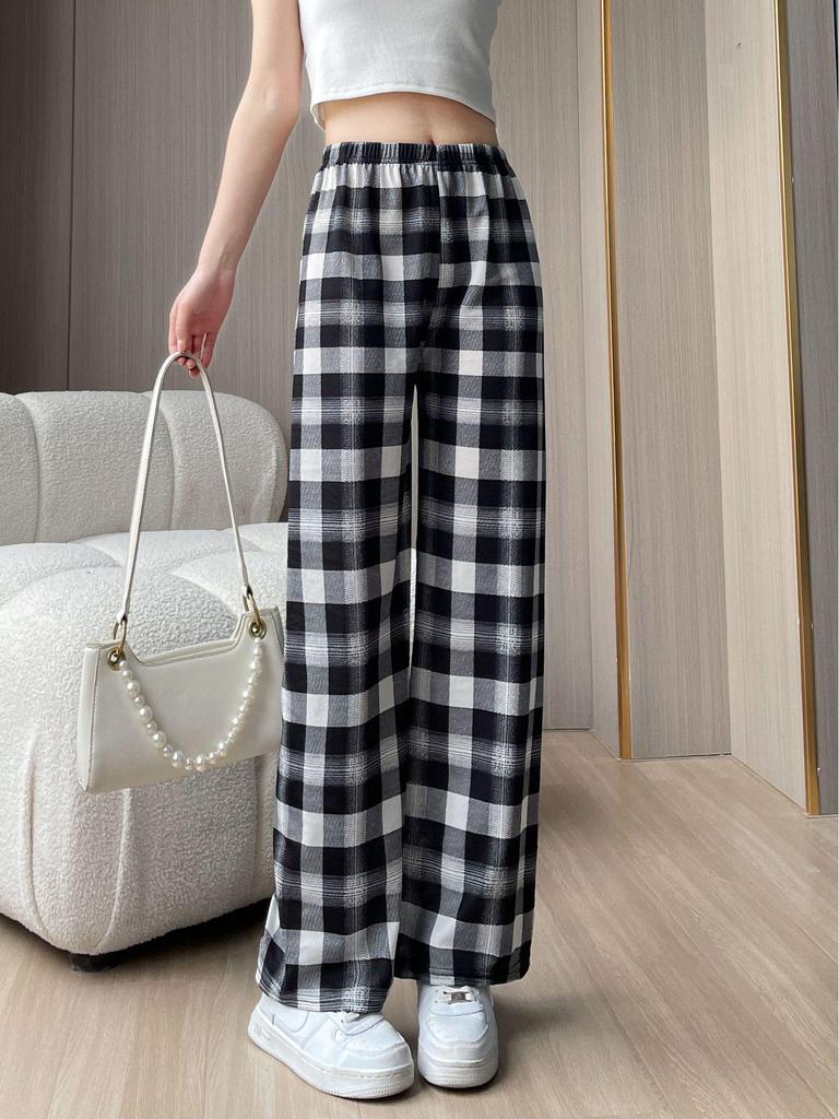 Plaid High-Waist Wide Leg Pants - Lightweight, Versatile, Plus Size, Women's Slimming Loose Fit, Spring/Summer Style.