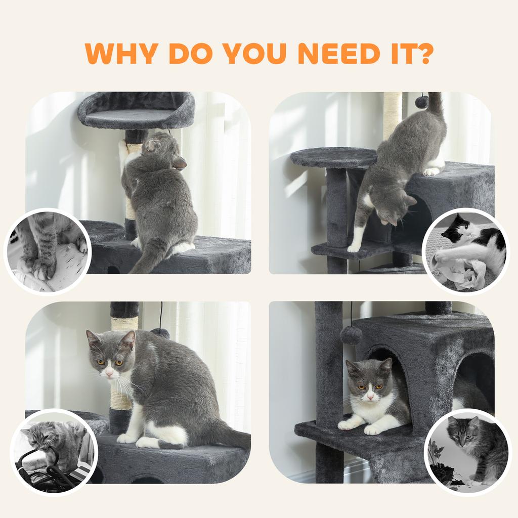 160cm Large Cat Tree Tower With Sisal Scratching Posts Condos Plush Perches Hammock Ladder Dark Grey