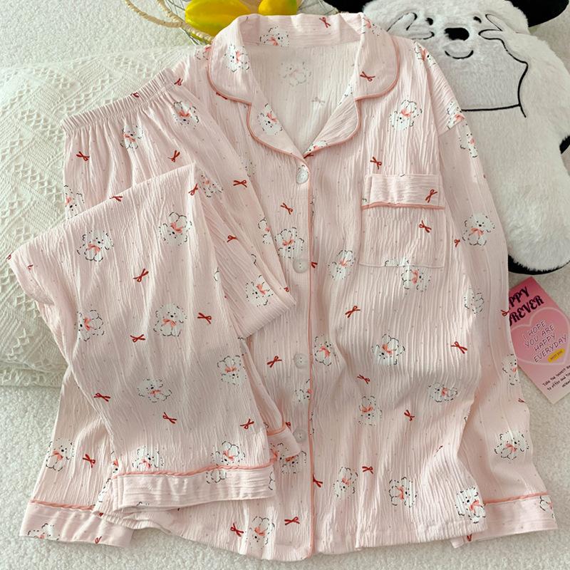 cute sweet puppy long-sleeved pajamas women's spring girl suit wrinkled cloth comfortable loungewear real shot