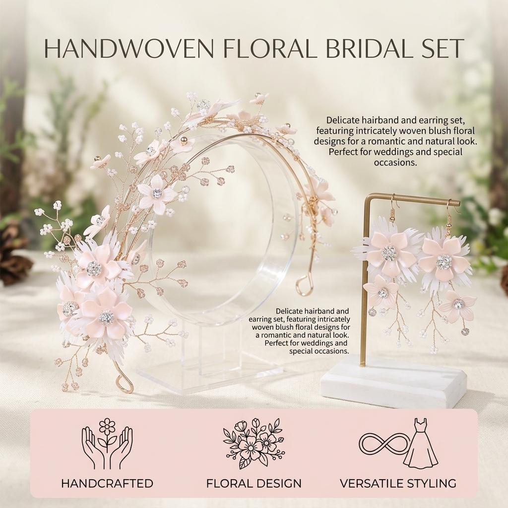 Flower Hairband Earring Set For Wedding Photoshoot Floral Headwear
