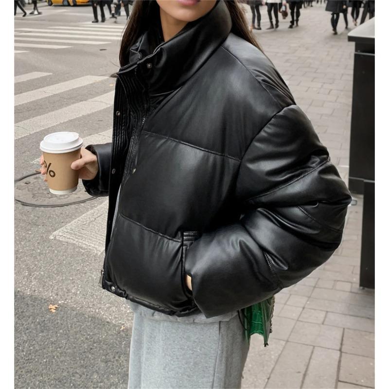 Женская мода зимние кожаные пальто с воротником-стойкой и длинным рукавом короткие стеганые куртки женские парки шикарный теплый наряд