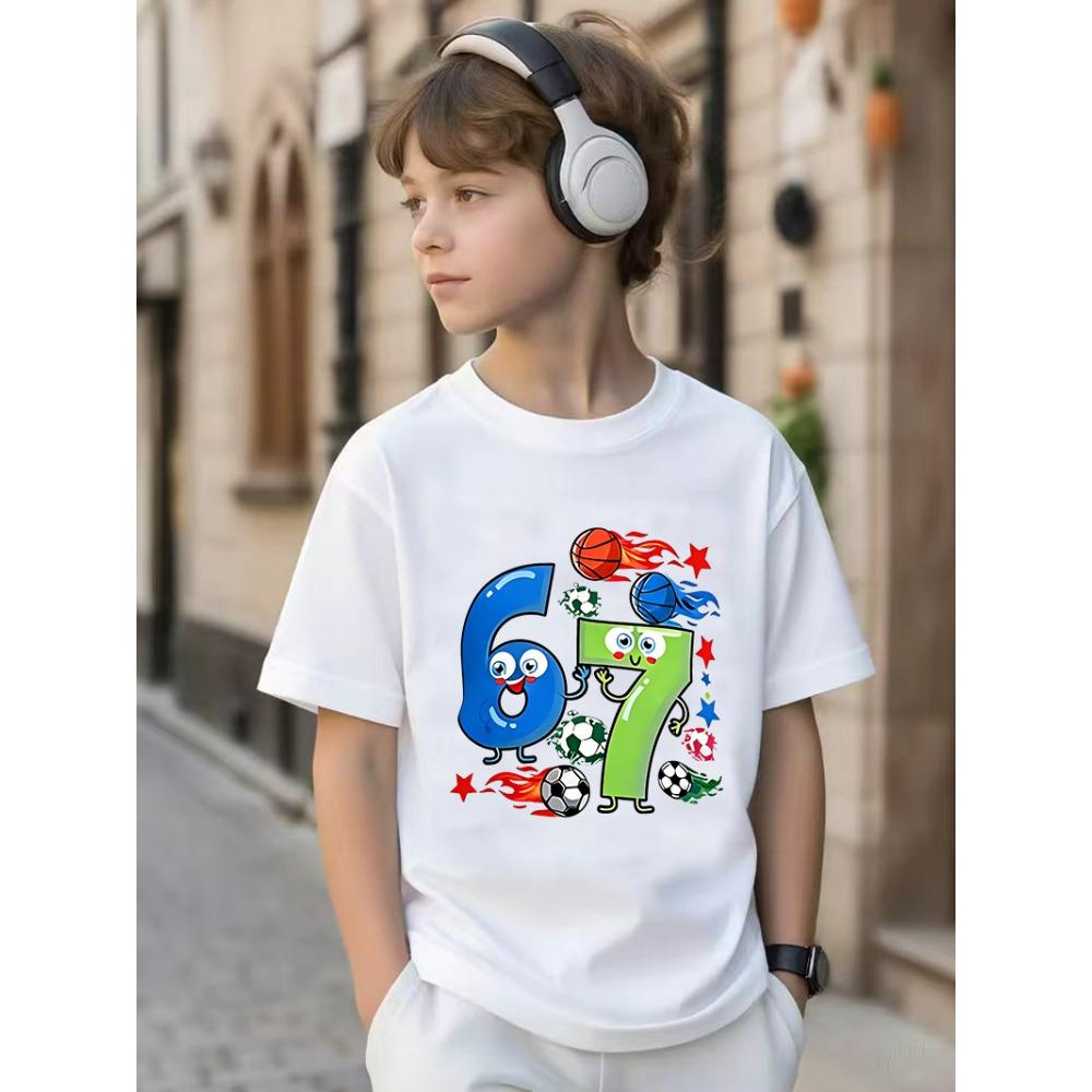 Kids T-Shirt 67 Number Basketball And Football Graphic Print Boy and Girl Tees Top Summer Short Sleeve Casual Outdoor Kids Clothing