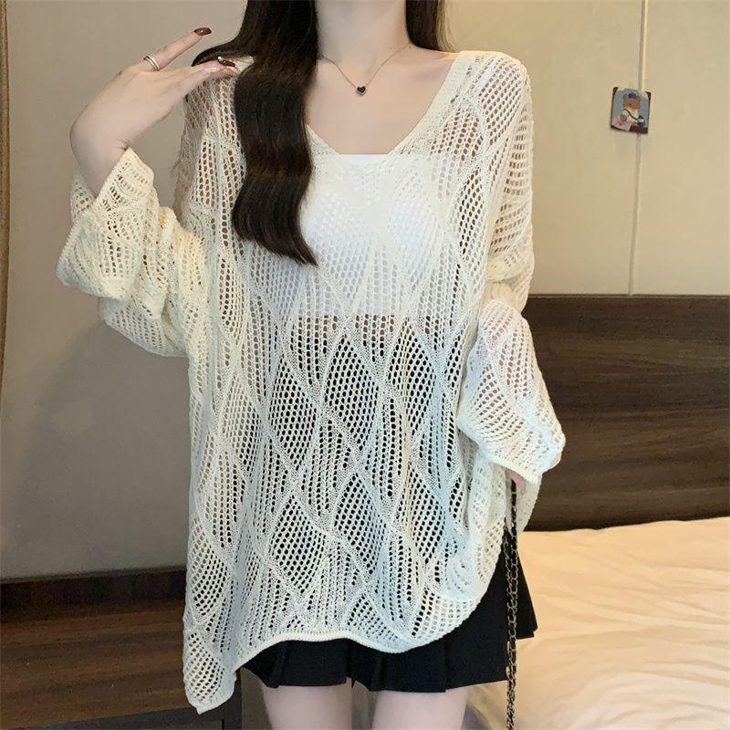 Lazy Style Hollow Out Knitted T-shirt for Women In Summer Thin Outer Layer Sun Protection Cover Fat MM Loose and Slimming Top