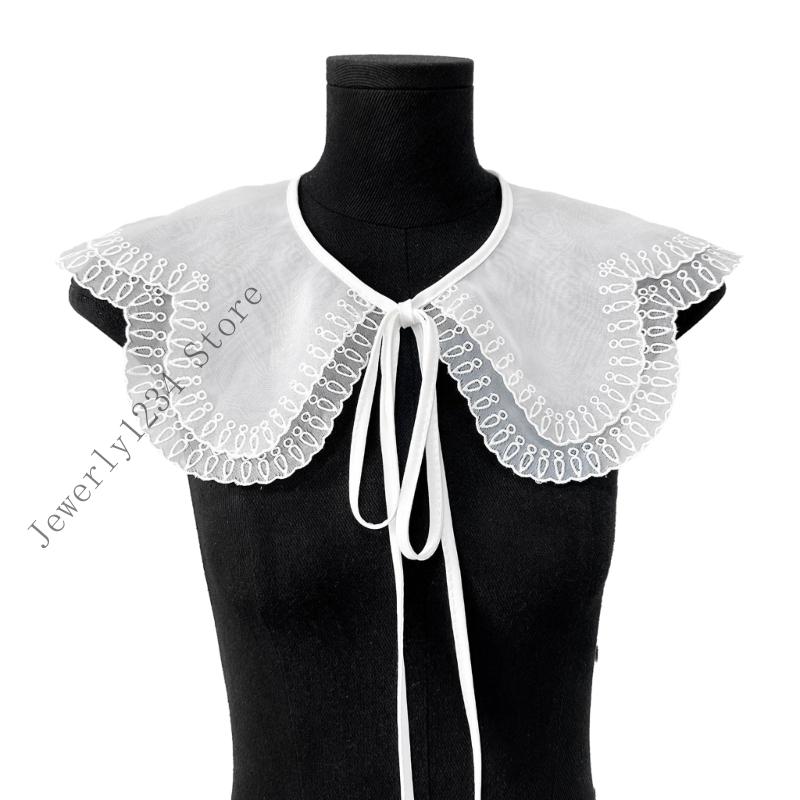 Laceup Tied Decorative Collar with Embroidery Trim Removeable Collar Clothing Accessory for Women Daily and Formal Wear