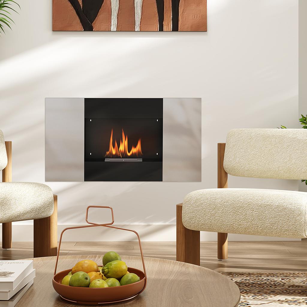 0.9L Wall-Mounted Bioethanol Fireplace in Stainless Steel, 100x15x54 cm, Black and Silver
