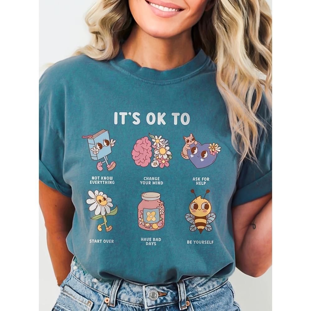 It's Ok To Women's Tee - Mental Health Awareness Graphic, Casual Teal Top