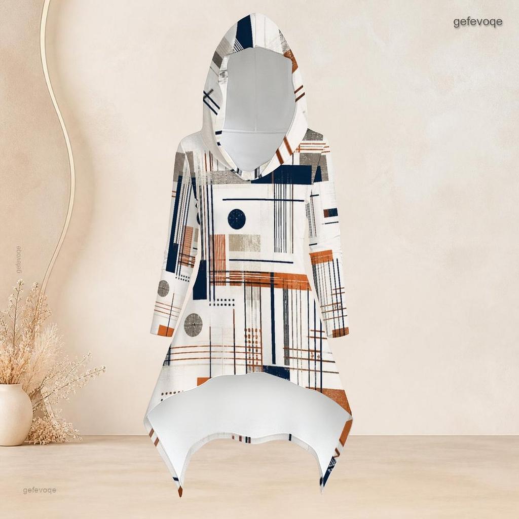 Women Plus Size Hooded Long Sleeve Radial Print High Low Top And Fitted Pants Two Piece Set