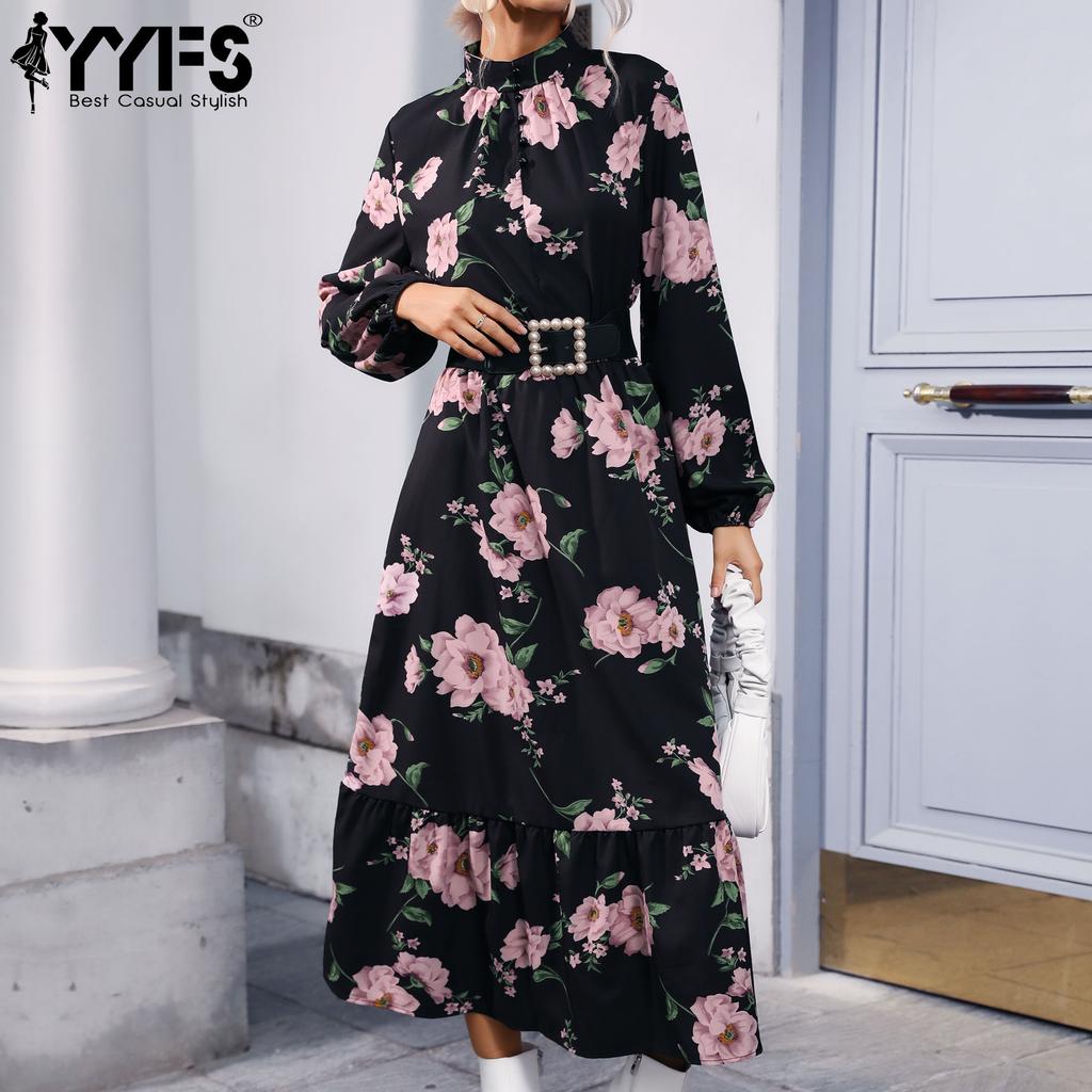 YYFS Women's Fashion Flower Pattern Print Long Sleeve High Neck High Waist Casual Dresses