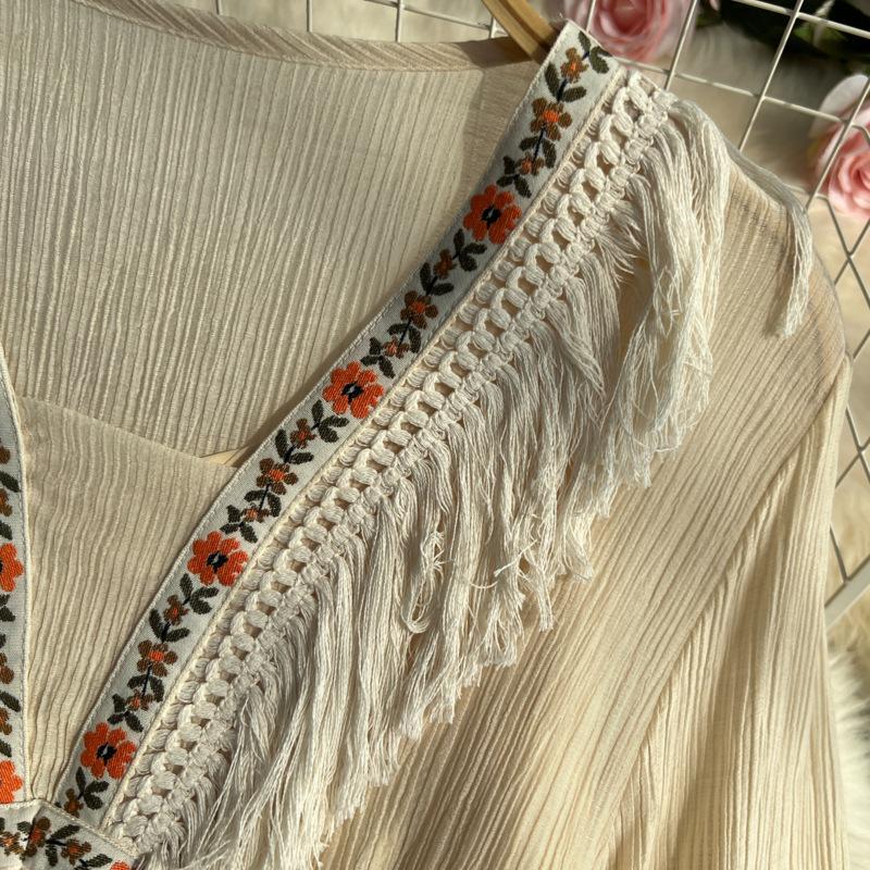 Винтажные длинные платья, женское летнее кружевное платье трапециевидной формы с v-образным вырезом и половиной рукавов и кисточками в стиле пэчворк, с высокой талией