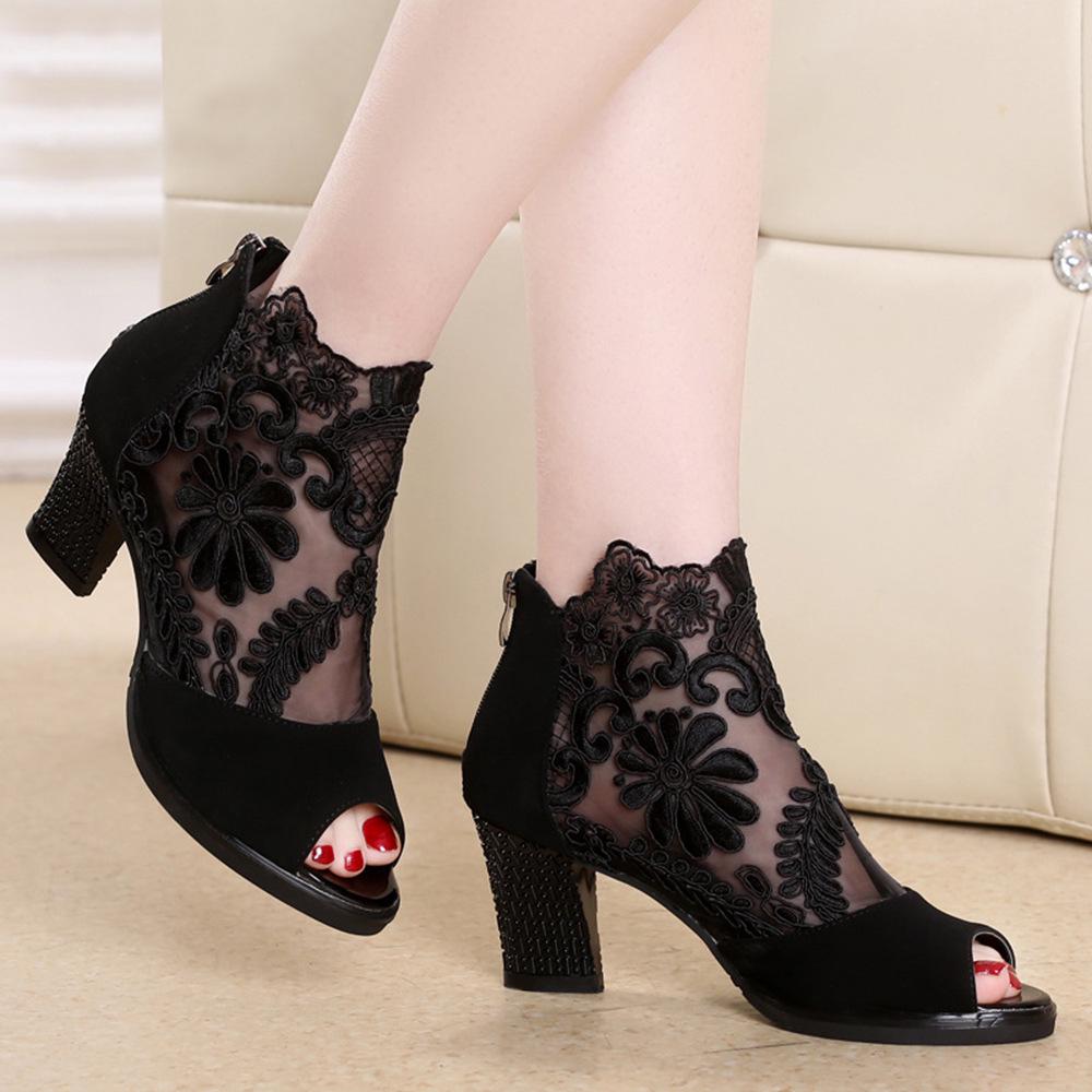 2024 Summer Large Size Mesh High Heels Thick Heel Lace Fish Mouth Sandals Female Manufacturer