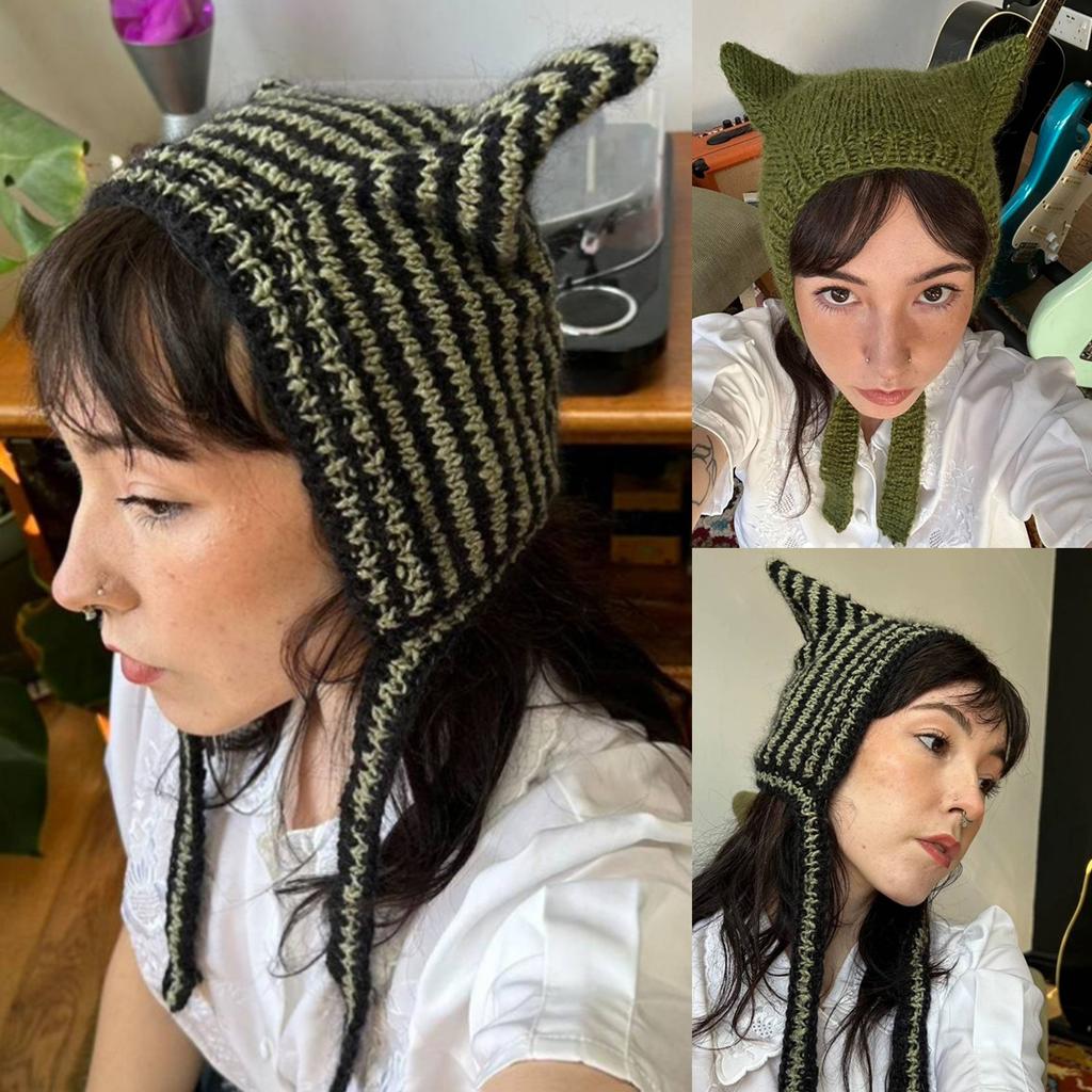 Cat Ear Beanie Hat for Women Harajuku Style Star/Stripe Skull Hat Handmade Crochet Hat Y2K Cool Girls Warm Headpieces