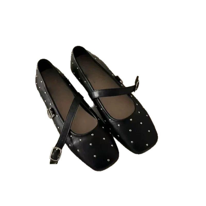Leather Korean Version of Rivet Square Head with Mary Jane Shoes Women's 2025 Spring Versatile Flat Bottom Light Mouth Red Single Shoes