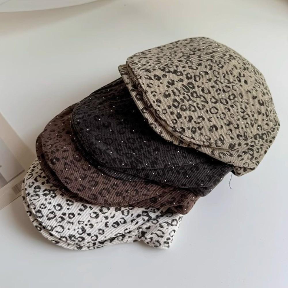 Rhinestone Leopard Print Beret Flat Painter Cap Fashion Leopard Newsboy Cap  Outdoor