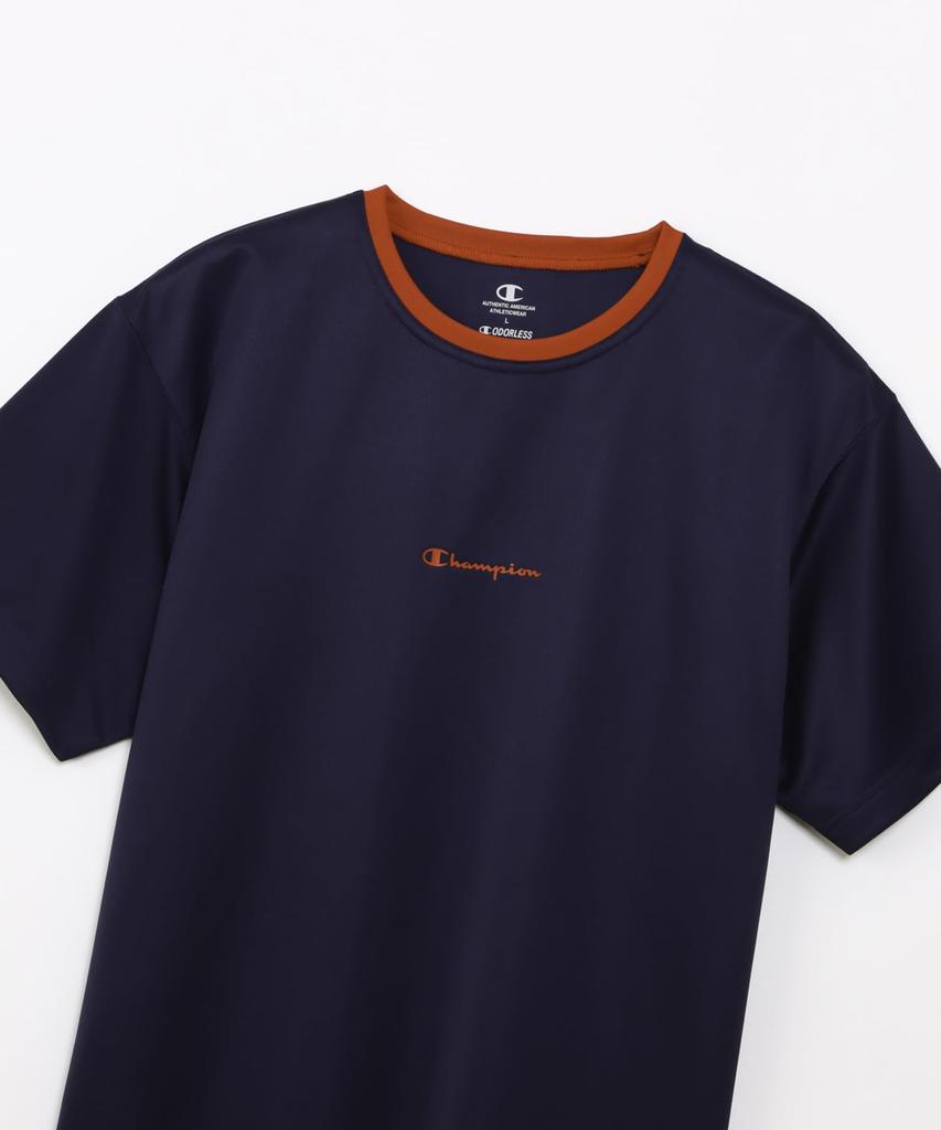 Champion DRYSAVER Short Sleeve with a Round Breathable Rubber and Script Logo Men's T-Shirt, Navy, C3-BB355, Neck, Design, Antibacterial, Print,