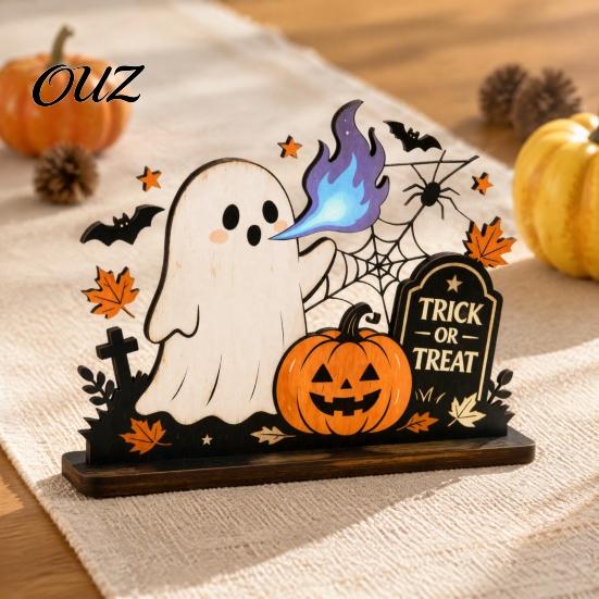 Small Halloween Statue for Table Ghost Ornaments with Pumpkin Tombstone and Bat Elements, Wooden Indoor Seasonal Holiday Decorations Tabletop