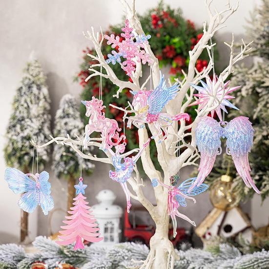 Winter Acrylic Christmas Ornaments Colorful Snowflake Ballerina Dancer Feather Hanging Ornaments for Xmas Tree Decor