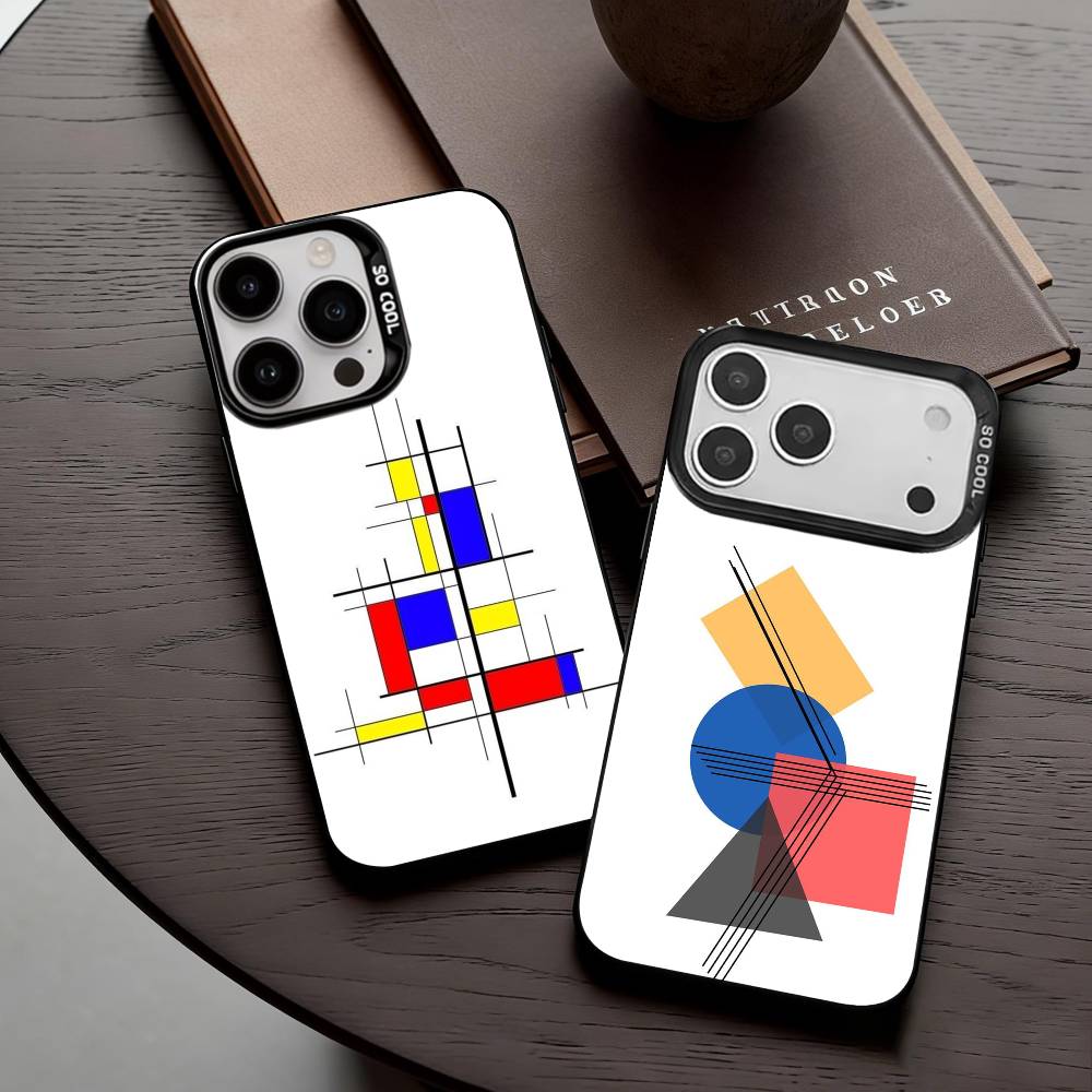 M-Mondrian-B-Bauhaus A-Abstract Shapes Phone Case For iPhone17,16,15,14,13,12,11 Plus,Pro Max Black Candy Silver Plated Cover