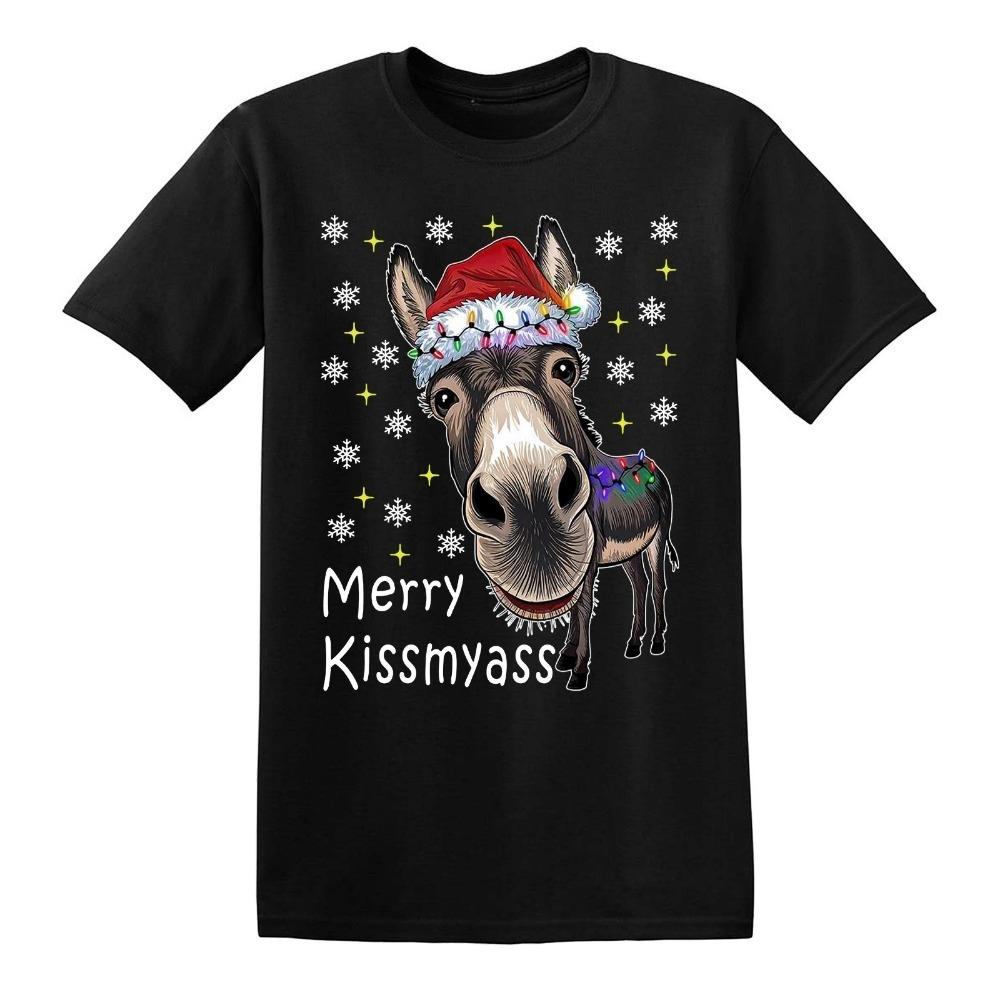СМЕШНОЙ ПОДАРОК НА РОЖДЕСТВО MERRY KISSMYASS DUNKY Мужская Рождественская Футболка Шутка Футболка Верх Короткий Рукав Высокое Качество