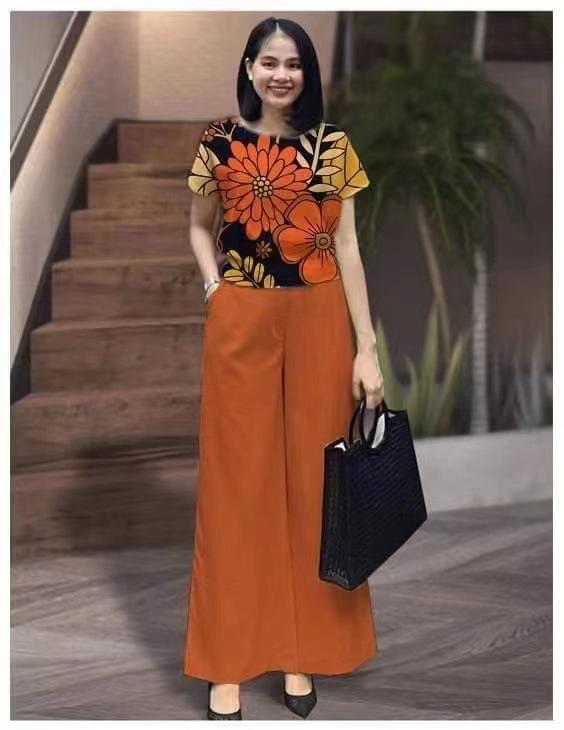 Женская летняя мода 2023 года: Однотонный свободный топ с короткими рукавами и напечатанные брюки, костюм из двух частей