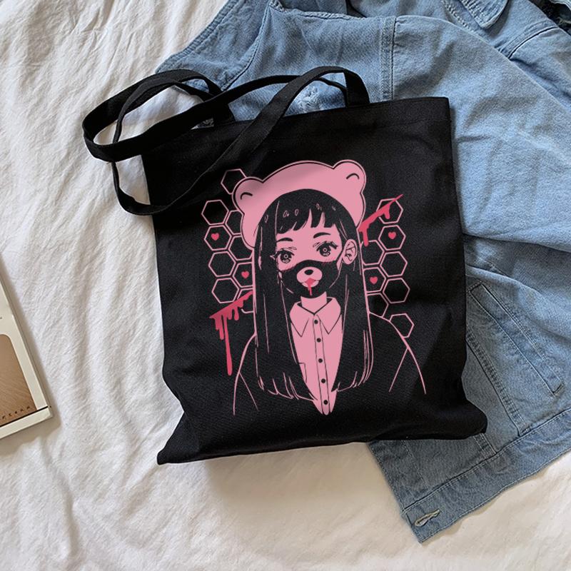 Холщовая сумка с принтом японского аниме, повседневная сумка-тоут, большая вместительная сумка, каваи, сумка-шоппер, милая модная женская сумка с героями мультфильмов, сумки на плечо
