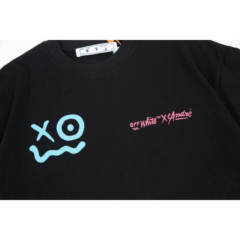 Off-White 2025 Лето Новинка Синий смайлик граффити нарисованные от руки буквы большой логотип принт Классическая футболка с коротким рукавом Парная футболка