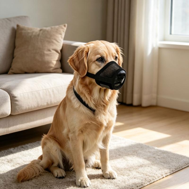 Soft Fabric Dog Mouth Cover with Side Strap and Front Air Panel for Training Routine and Public Daily Use Support