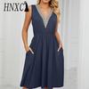 Женская мода лето весна однотонный принт без рукавов с v-образным вырезом и высокой талией повседневные платья