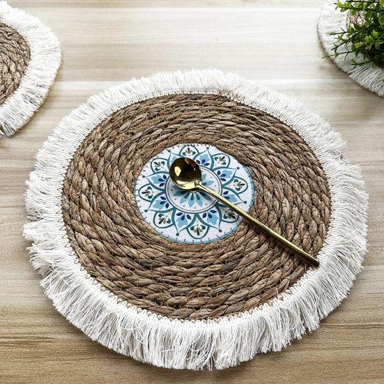 Placemat Round Thickened Heat-Resistant Table Protection Soft Straw Braided Bohemian Washable Dishes Hot Pot Pans Coffee Cup Cooking Baking