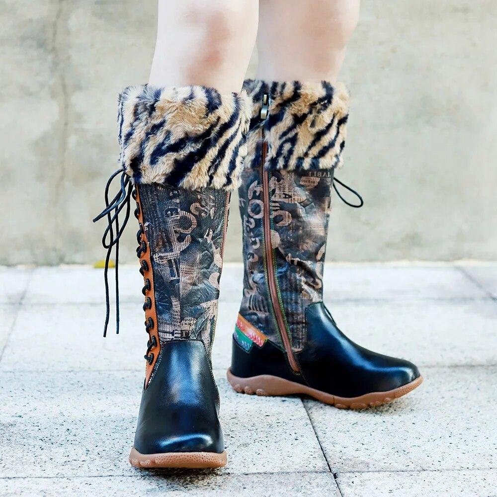 Johnature Длинные сапоги из натуральной кожи с принтом в стиле пэчворк, модная универсальная женская обувь с меховым воротником и леопардовым принтом
