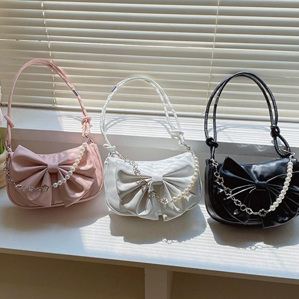 Solid Color Women Underarm Bag PU Leather Bow Handbag Simple Bowknot Shoulder Bag  Office Worker
