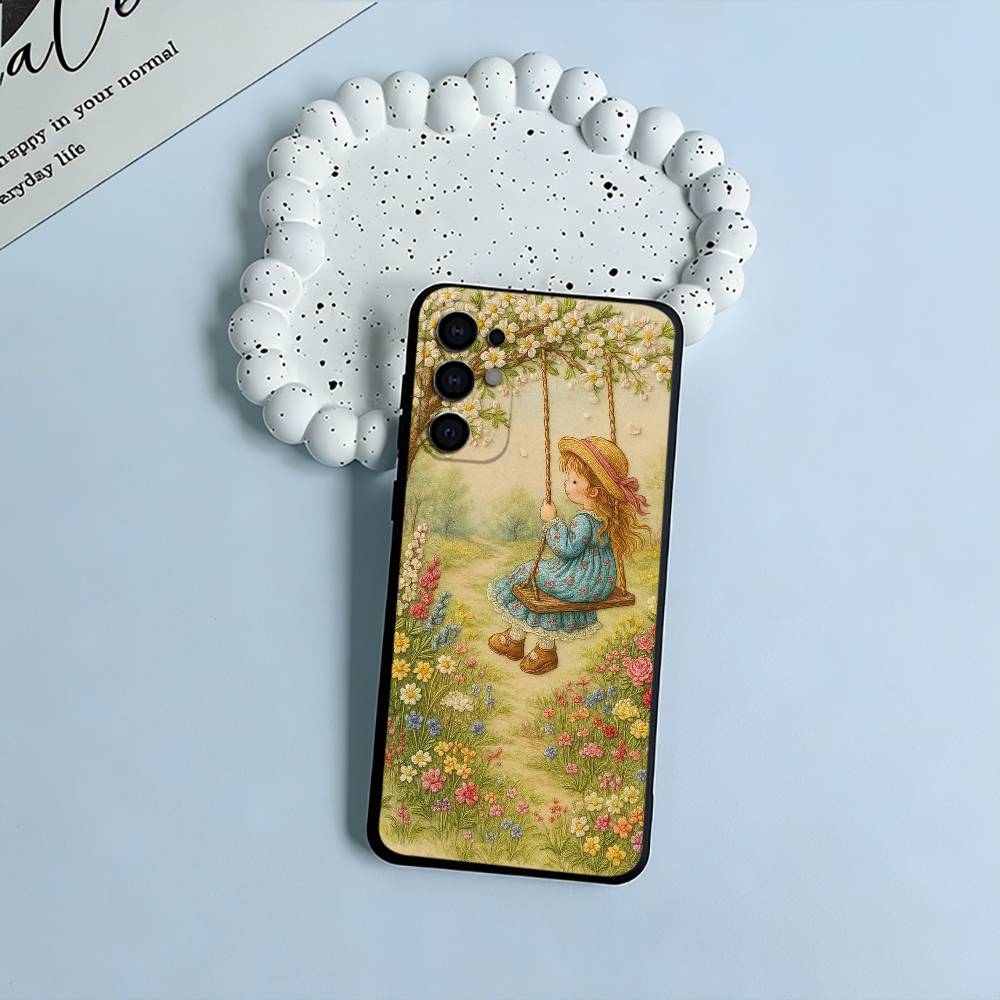 Sarah K-Kay Девочка Цветной Мягкий Силиконовый Чехол для Samsung S25, S24, S21, S22, S23, S30, Ultra, S20, Plus, FE, Lite-Черный
