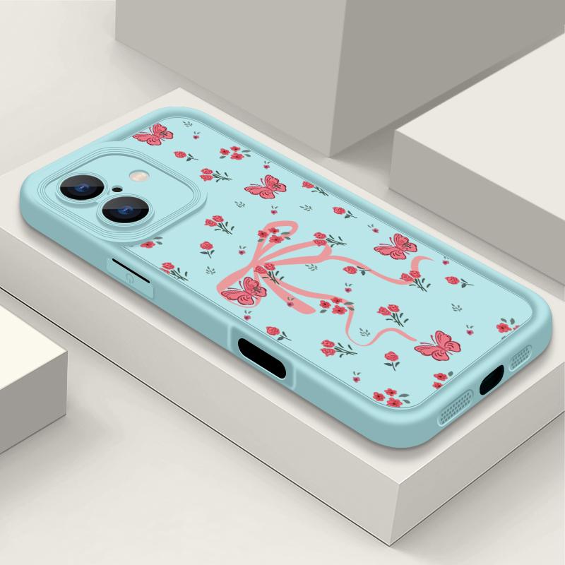 Матовый чехол TPU с цветочным принтом и бантом для iPhone 16 Pro Max 15 Pro 14 13 12 11 XS XR, защита линз, противоударный мягкий силиконовый чехол для телефона